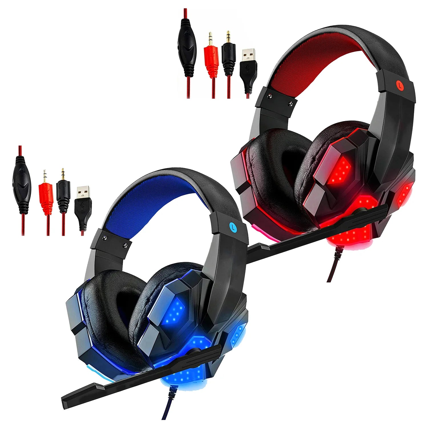 5 Core Gaming Headset 2 Pieces Blue Red PC Gaming Xbox Headset Premium Gaming Wired Headsets with LED Light Mic Gaming Accessories for Console Laptop Computer Games Perfect Gamer Gifts - HDP GM1 R+B