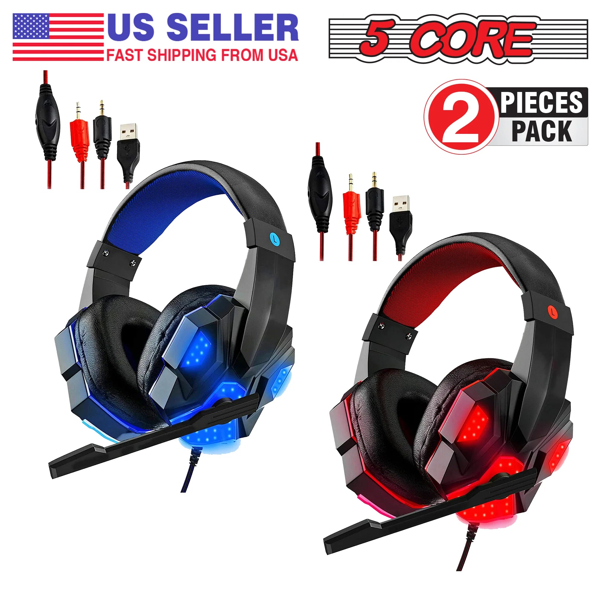 5 Core Gaming Headset 2 Pieces Blue Red PC Gaming Xbox Headset Premium Gaming Wired Headsets with LED Light Mic Gaming Accessories for Console Laptop Computer Games Perfect Gamer Gifts - HDP GM1 R+B